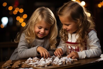 Kids decorating a gingerbread house with candies - stock photography concepts