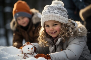 Kids decorating a snowman with accessories photo  - stock photography concepts