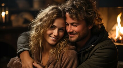 Lovers cuddling up by a cozy fireplace photo - stock photography concepts