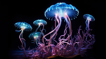 Bioluminescent Wonders, the beauty of bioluminescent organisms, illuminating a dark and magical natural environment. AI generative