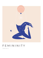 Contemporary modern print. Woman silhouette, nude female body in abstract pose, mid century composition with geometric shapes. Beauty, Femininity concept for wall decor, posters. Vector illustration
