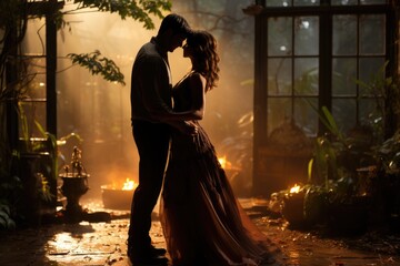Lovers slow dancing in a moonlit garden  photo - stock photography concepts - obrazy, fototapety, plakaty