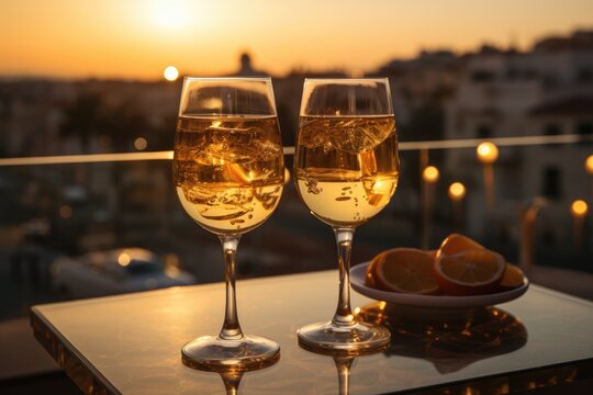 Lovers toasting with glasses of champagne on a rooftop  - stock photography concepts