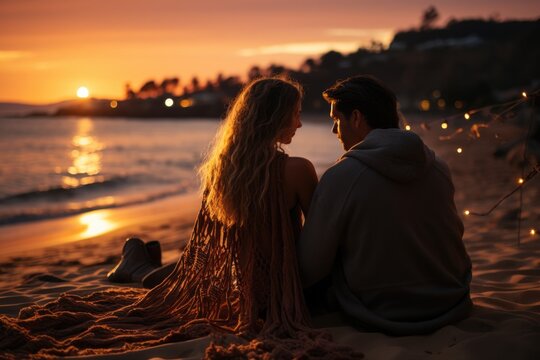 Lovers watching a sunset together wrapped in a blanket  - stock photography concepts
