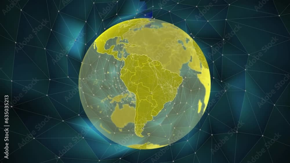 Poster animation of rotating globe and connected dots forming tunnel against black background