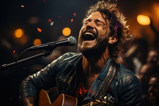 Musician belting out lyrics on stage - stock photography concepts