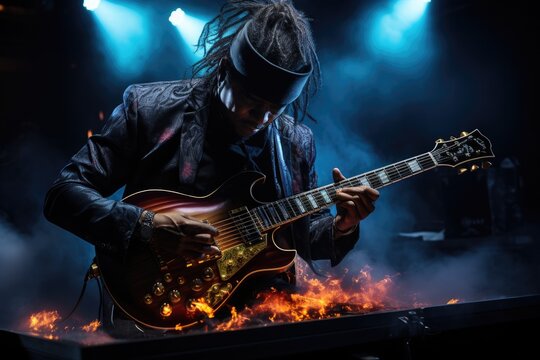 Musician performing an electrifying guitar solo - stock photography concepts