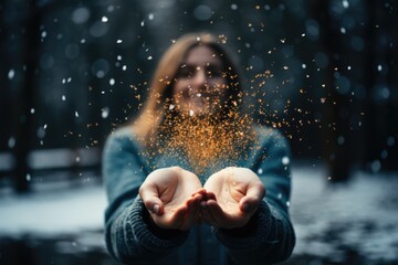Person catching snowflakes in a mittened hand - stock photography concepts