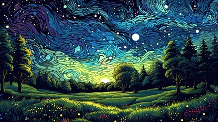 Enchanting starry night over a meadow . Fantasy concept , Illustration painting.