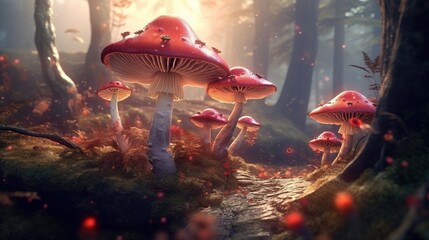 Fototapeta premium Enchanting fairy-tale mushroom forest . Fantasy concept , Illustration painting.