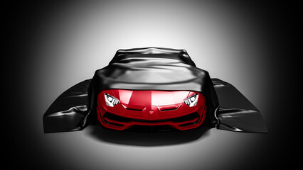presentation car under black cloth on white background. 3d rendering