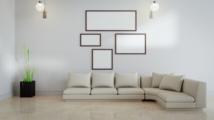 White living room with sofa. 3D illustration render interior.