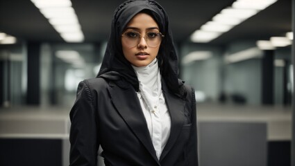 A stylish woman in a hijab wearing a black suit and glasses