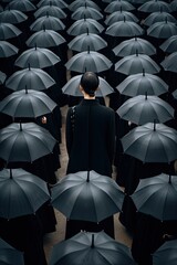 woman dressed in black stands in the midst of people with black umbrellas (Generative AI)