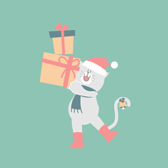 merry christmas and happy new year with cute cat and present gift box in the winter season green background, flat vector illustration cartoon character costume design