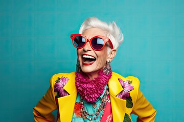funny fashionable old lady on blue background