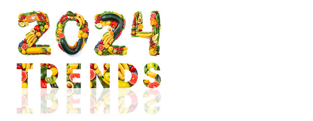 New year 2024 food trends. New year 2024 made of fruits and vegetables, fish. Healthy food. 2024...