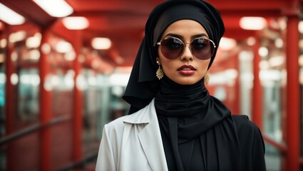 A stylish woman wearing a hijab and sunglasses
