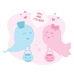 Cute vector illustration with pink and blue ghosts and pumpkin. Loving ghosts. Halloween in pink style. Cute ghosts with hearts and a speech bubble. You are my boo