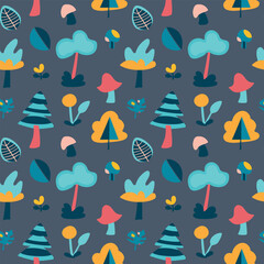 Vector forest trees and mushroom pattern on a gray-blue background