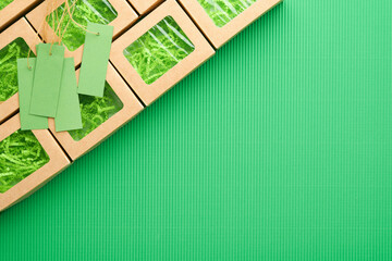Green Friday backgrounds mock up. Sale Tag on green background. Paper shopping boxes and green tag....