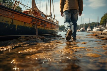 Person stepping onto a boat ready for an adventure - stock photography concepts