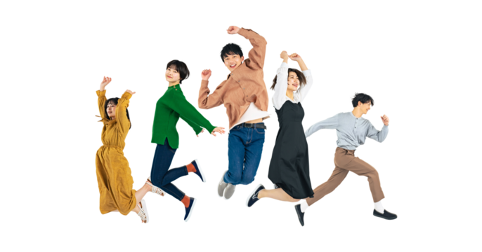 ジャンプする若者のグループ Z世代 (1人ずつのPNG画像も販売しております。作成者リンクからPNGで検索してください)