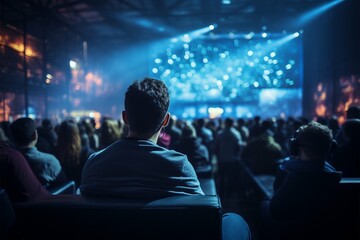 Naklejka premium Blue themed conference Rear view of attendees, united in knowledge sharing and engagement Generative AI