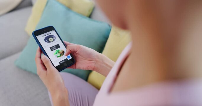 Woman, Hands And Phone In Ecommerce, Food Or Meal Payment, Purchase Or Order In Living Room At Home. Closeup Of Female Person In Online Shopping Looking At Restaurant Menu On Mobile Smartphone App