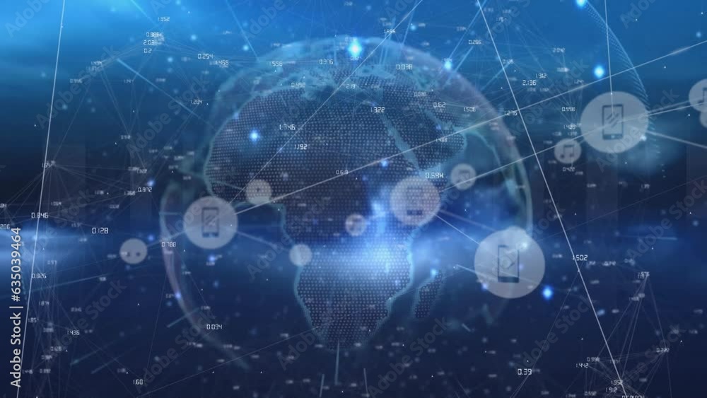 Poster animation of icons connected with lines over rotating globe against abstract background