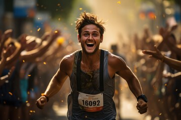 Runner crossing a finish line with a sense of achievement - stock photography concepts - 635039455