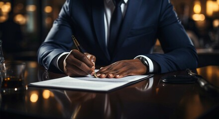 Businessman signs contract, sealing significant transaction or agreement Generative AI