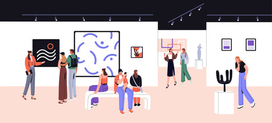Abstract art gallery. People walk, watch painting, artwork on exposition. Visitors looking picture with guide, woman look modern sculpture, tourist group sit in museum hall. Flat vector illustration