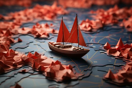 Course for victory Red boat guides paper boats on world map, embodying collaborative leadership Generative AI