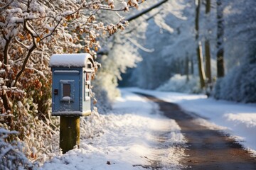 Snow-covered mailbox on a country road - stock photography concepts