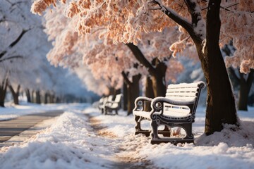Snow-covered park bench - stock photography concepts - Powered by Adobe
