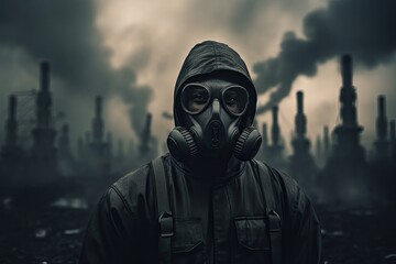 portrait of man wearing a gas mask forprotection