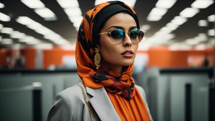 A stylish mannequin wearing a fashionable hijab and sunglasses