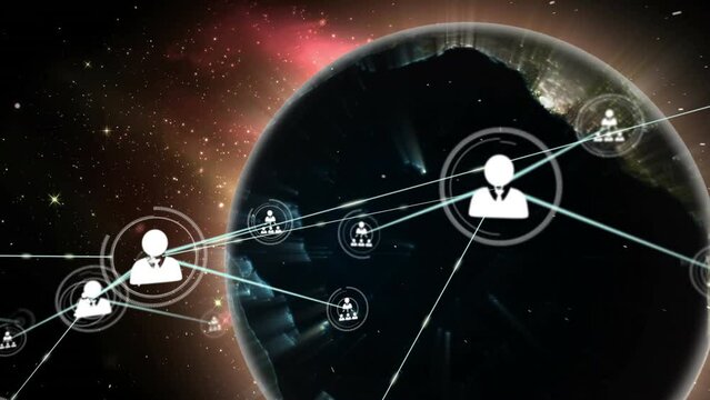 Animation of icons connected with lines over rotating globe against lens flares in space