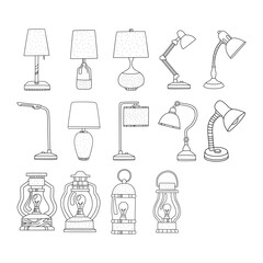 Doodle lamp set. Vector set of home lamps, lantern, and table lamps in doodle style with a black line on a white background for a label design