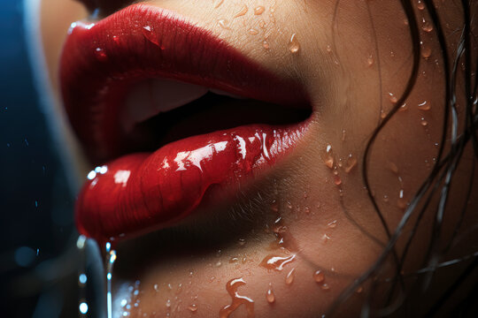 Shiny sexy wet lips with red glossy lipstick close-up