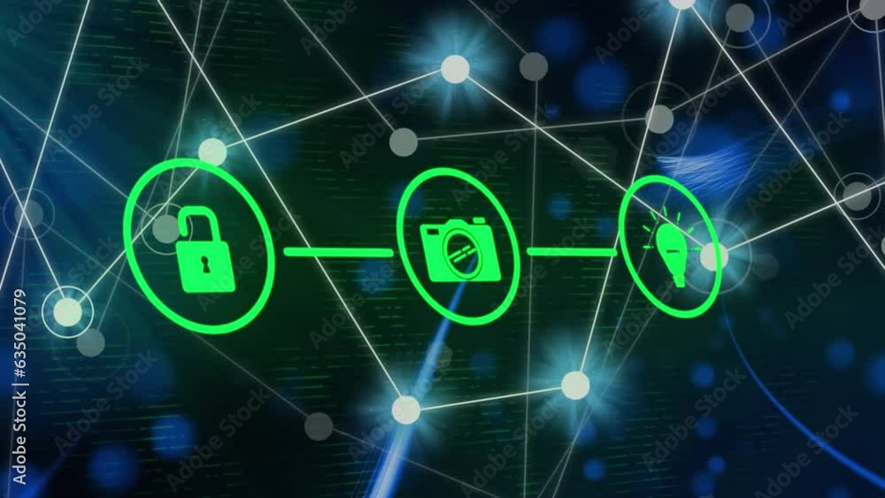 Poster animation of flow chart of icons over connected dots against black background