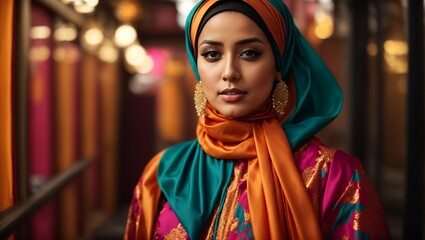 A woman wearing a stylish hijab and scarf