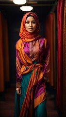 A woman wearing a vibrant hijab standing in a hallway