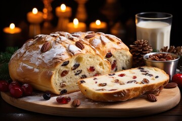 A traditional German Christmas Stollen lies on a wooden table. A celebratory cake is cut into slices with candied fruits, nuts and raisins. Selective focus.