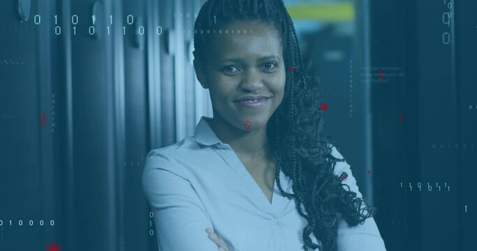 Animation of computer language, binary codes, signs, african american woman standing in server room