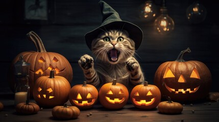 Cat and Halloween pumpkins