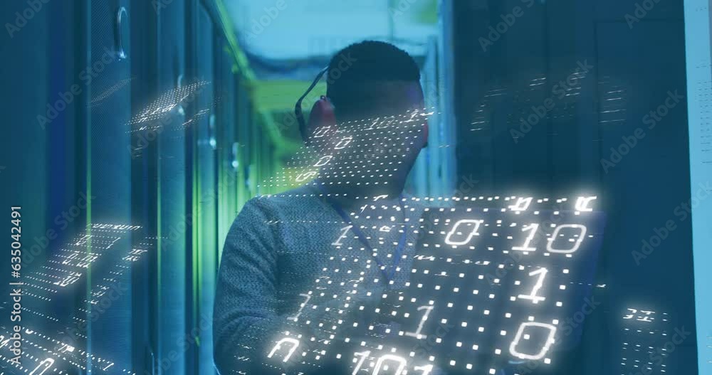 Poster animation of binary codes, african american male engineer using laptop in server room