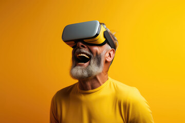 Man With Beard And Yellow Shirt Is Wearing Virtual Reality Headset. Beards, Yellow Shirts, Virtual Reality, Technological Advancement, Future Trends, Innovation, Clothing Trends