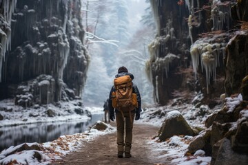 Winter hiker exploring a frozen waterfall - stock photography concepts